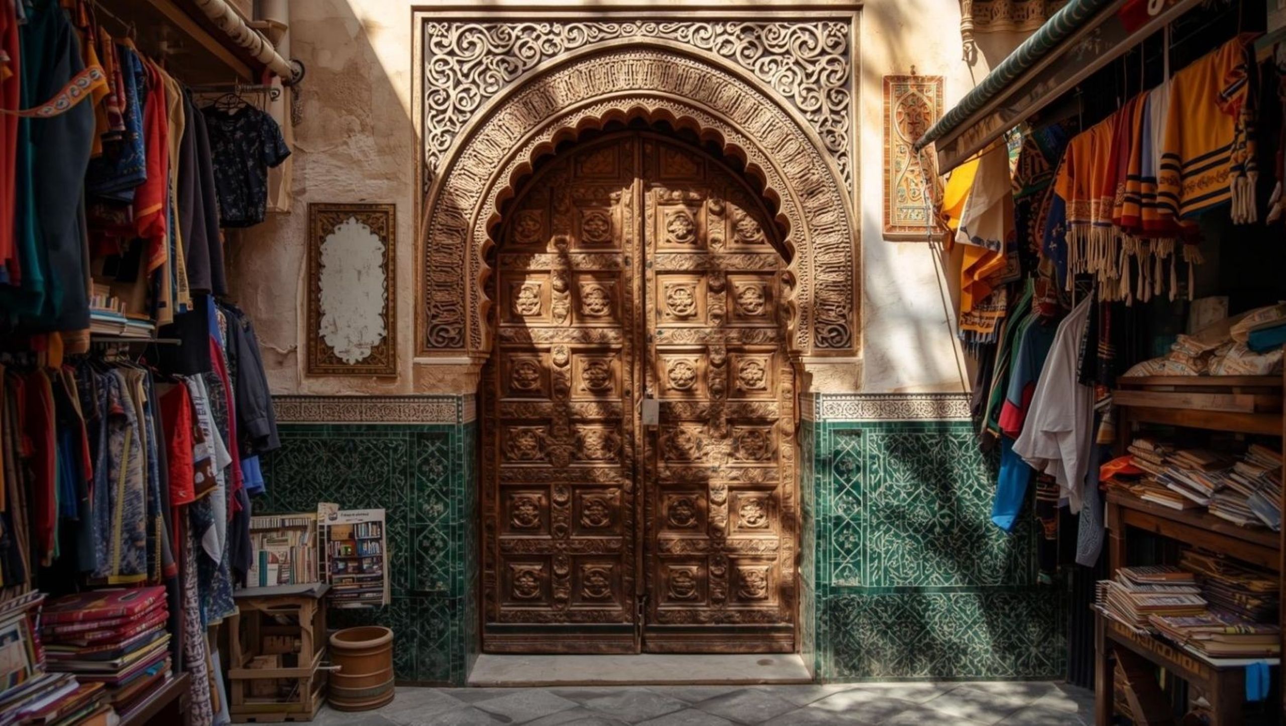 Traditional Moroccan doors featuring historic carved woodwork in medina for restoration and preservation
