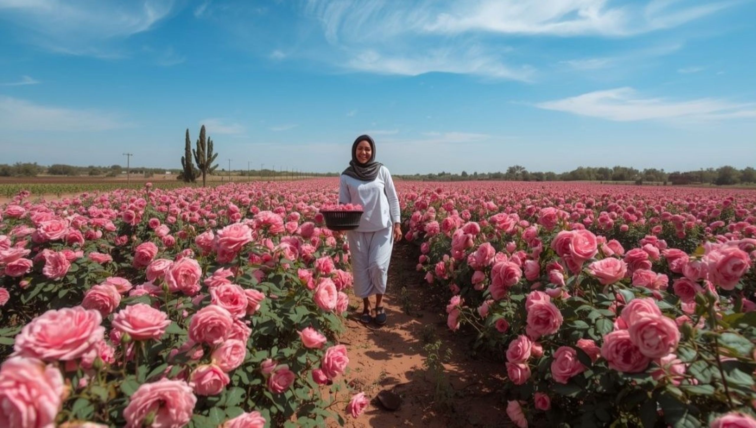 Pink Damascus rose fields in full bloom in the Valley of Roses near Kelaat M'Gouna, Morocco during the annual Rose Festival